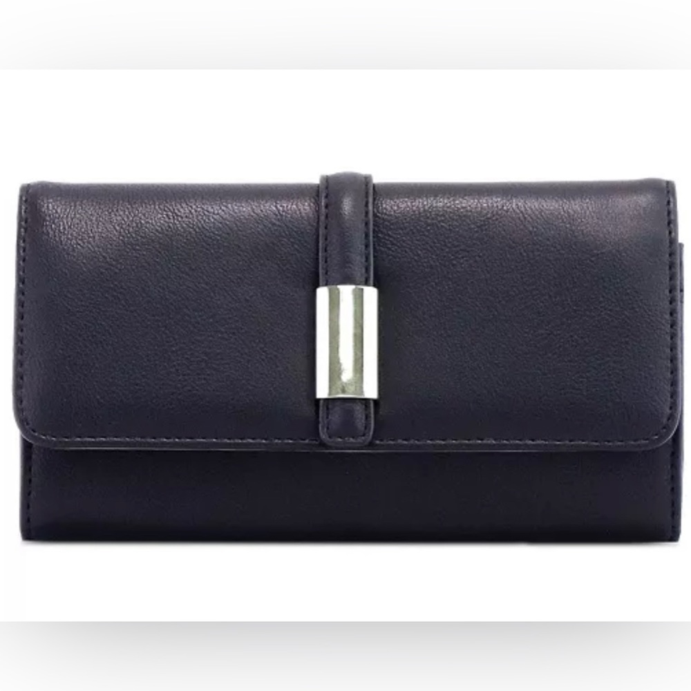 ALFANI Bangle Wallet Black Faux-Leather Silver-Bar-Snap Deep Pocket Continental
